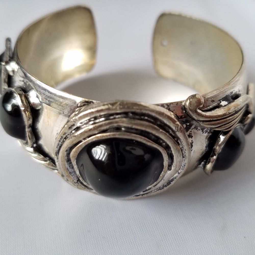 3 Silver Black Bracelets Bangle Cuff Stackable - image 3